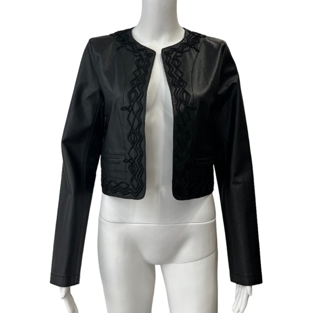 NWT Mimi Liberte Klein Black Embroidered Leather Hampden Crop Jacket sz 36/4